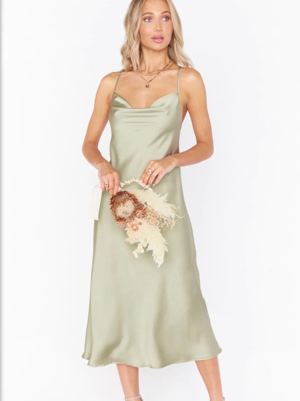 Show Me Your MuMu Sage Green Satin Slip Midi Dress